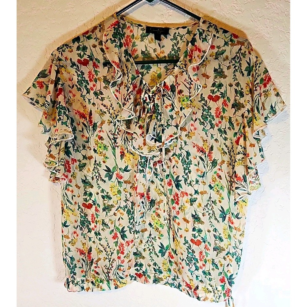 Jessica Simpson Ivory Emmerson Floral Chiffon Ruffle Tie V-Neck Blouse Size S